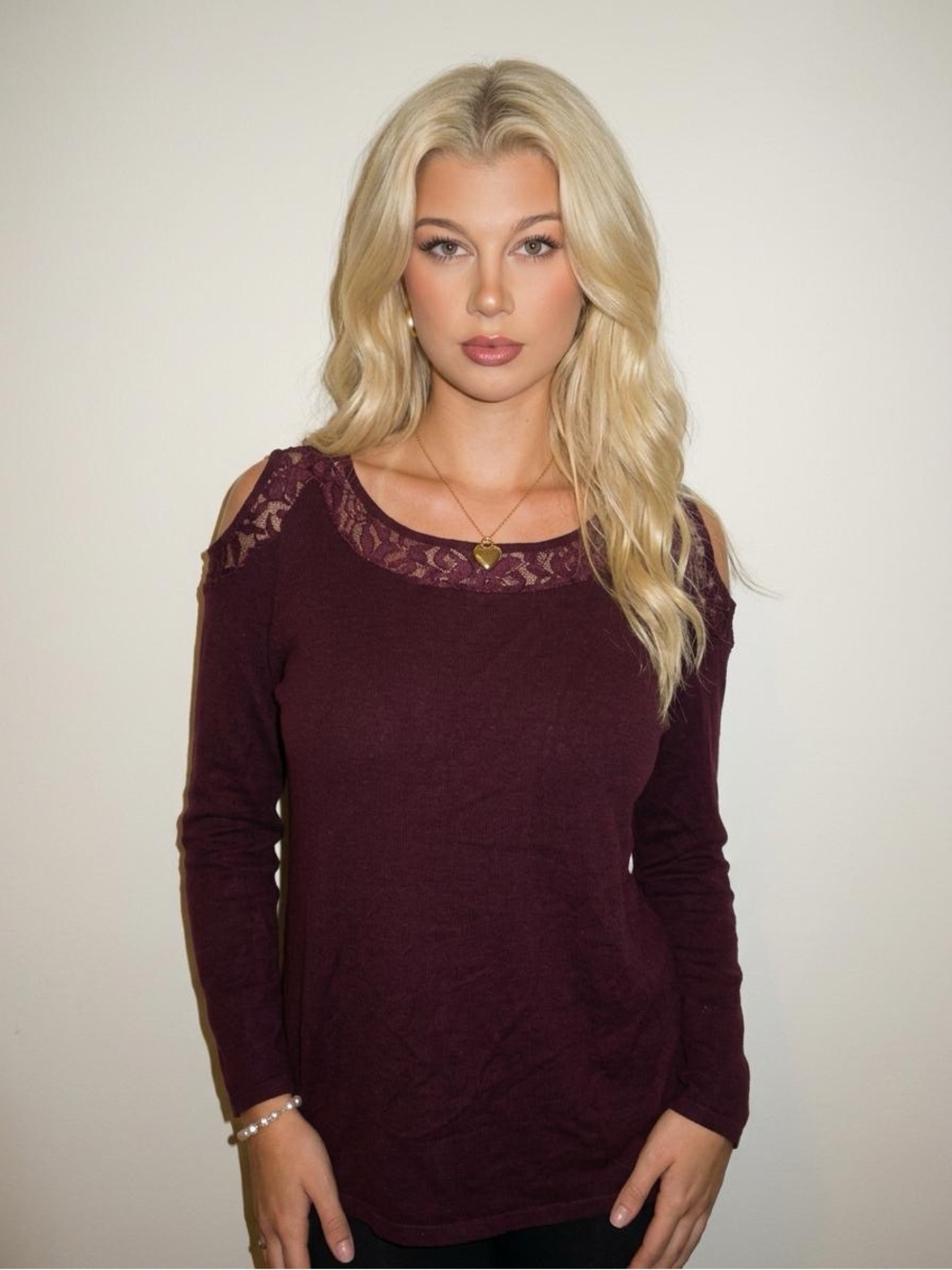 le chateau Burgundy Lace-Trim Cold-Shoulder Long Sleeve Top